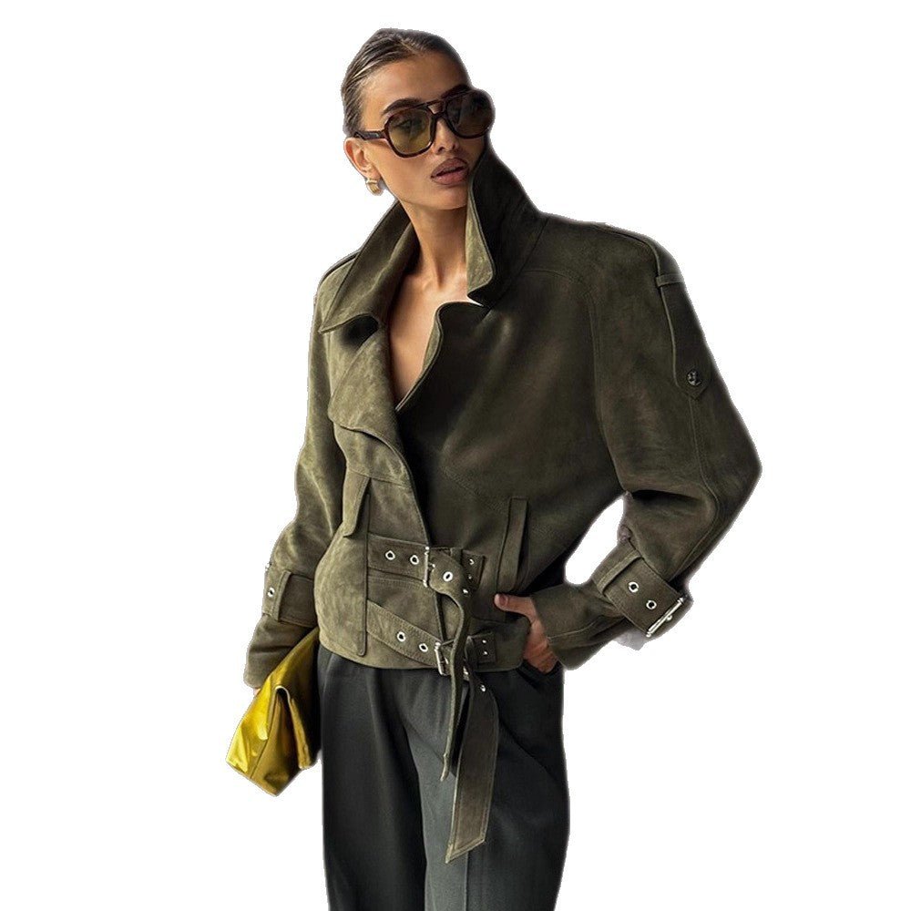 Ladies short jacket made of suede look with waist belt, buckles & oversized collar Chichicherry - Chichicherry