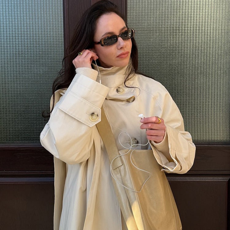 Ladies Short Oversize Trench Coat with High Stand-Up Collar, Concealed Button Placket & Wide Cuffs Chichicherry - Chichicherry