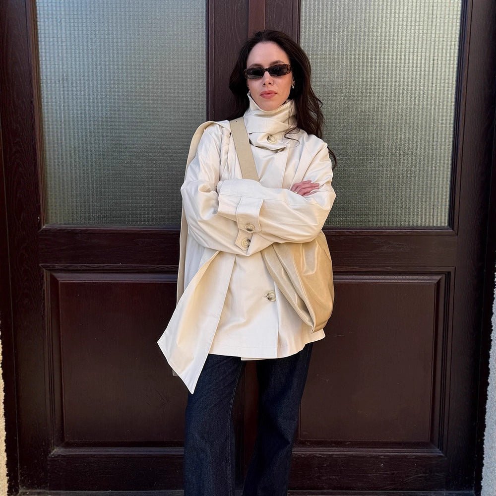 Ladies Short Oversize Trench Coat with High Stand-Up Collar, Concealed Button Placket & Wide Cuffs Chichicherry - Chichicherry