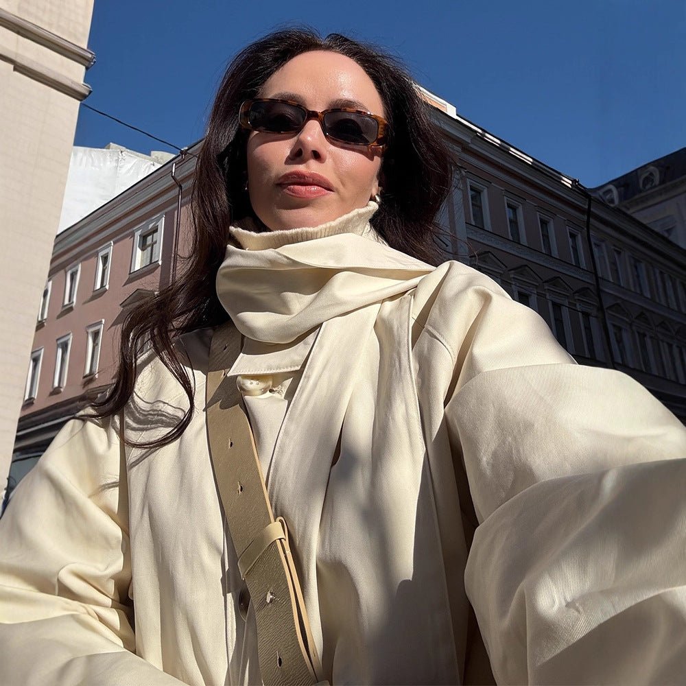 Ladies Short Oversize Trench Coat with High Stand-Up Collar, Concealed Button Placket & Wide Cuffs Chichicherry - Chichicherry