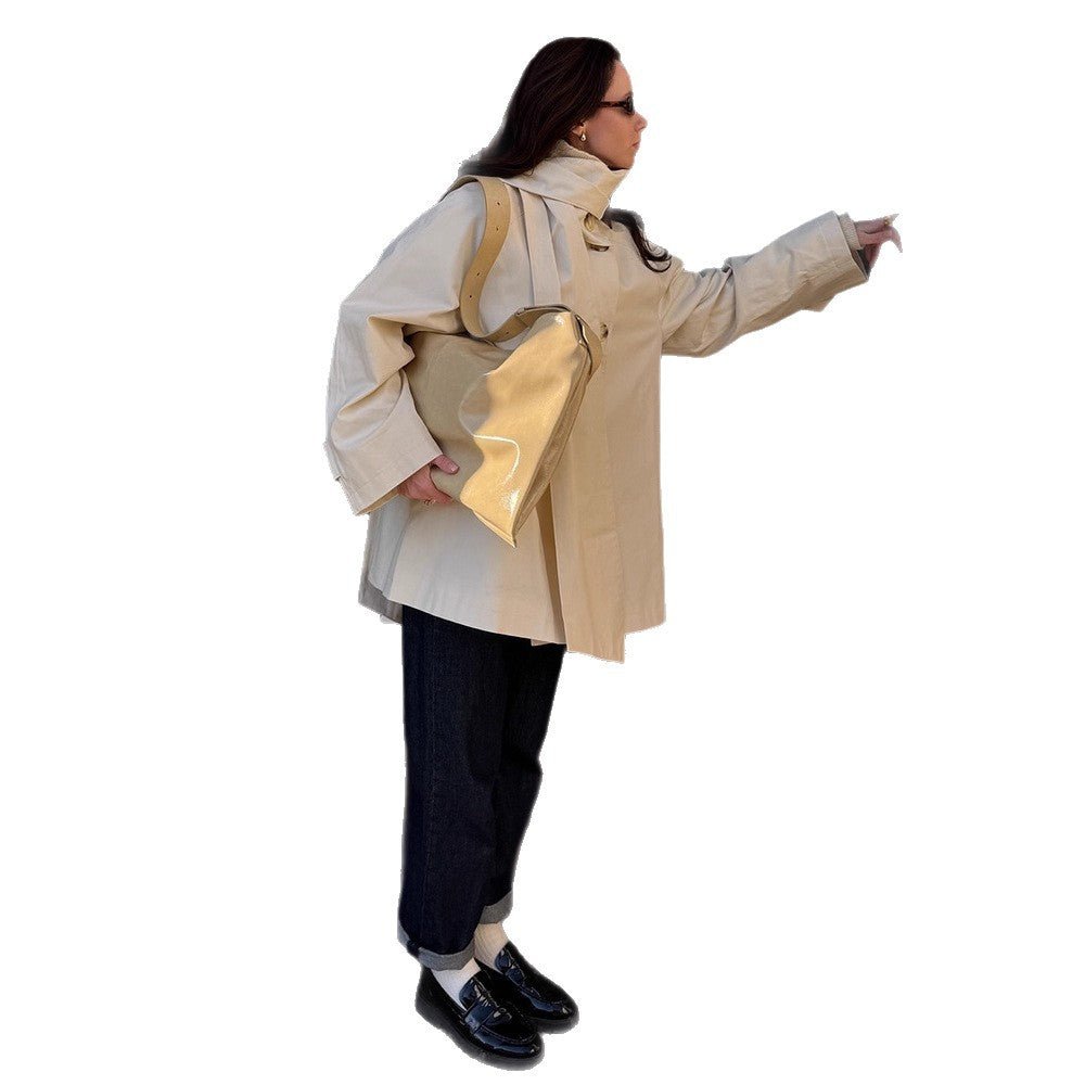 Ladies Short Oversize Trench Coat with High Stand-Up Collar, Concealed Button Placket & Wide Cuffs Chichicherry - Chichicherry