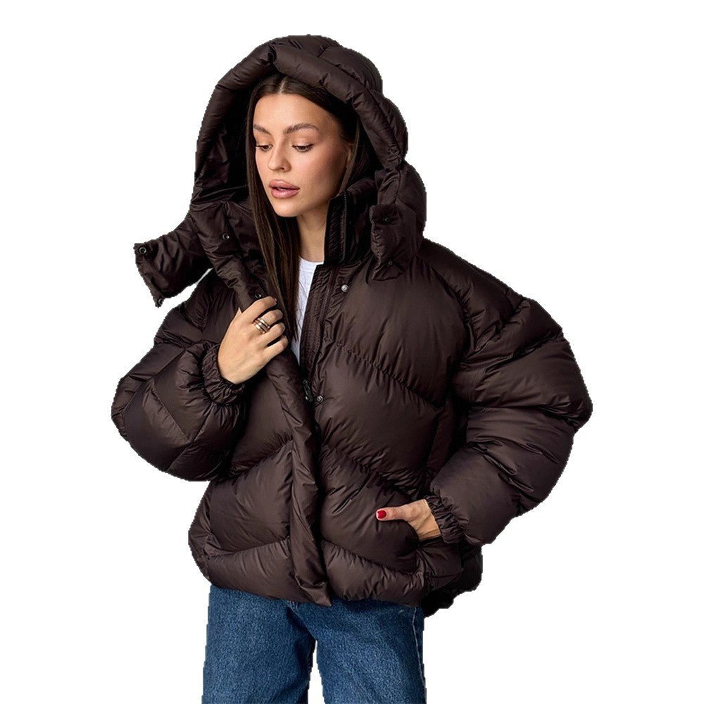 Ladies short puffer jacket with thermal filling, oversized hood & concealed two-way zipper Chichicherry - Chichicherry