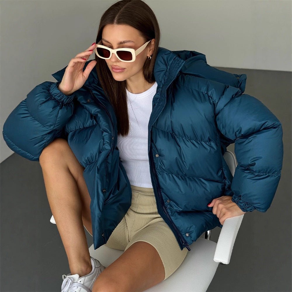 Ladies short puffer jacket with thermal filling, oversized hood & concealed two-way zipper Chichicherry - Chichicherry