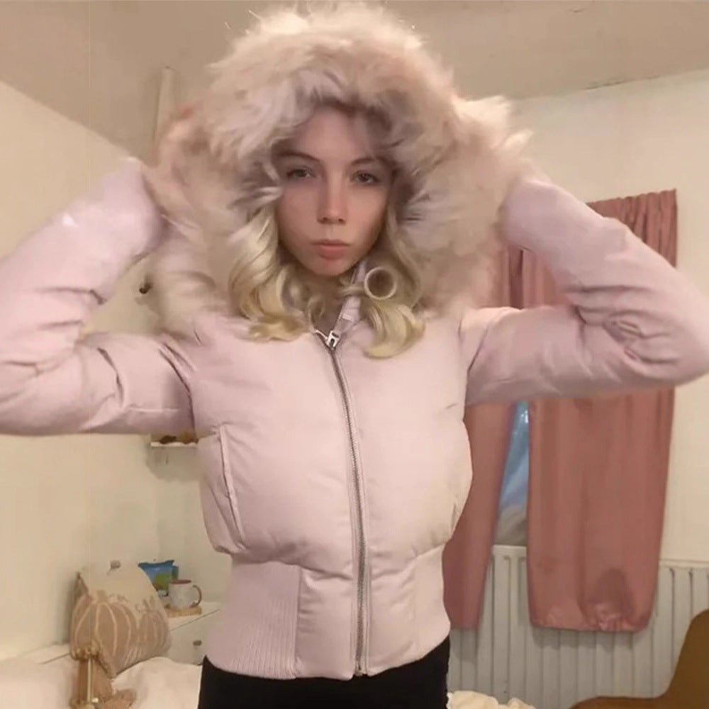 Ladies short quilted bomber style jacket with detachable faux fur hood Chichicherry - Chichicherry