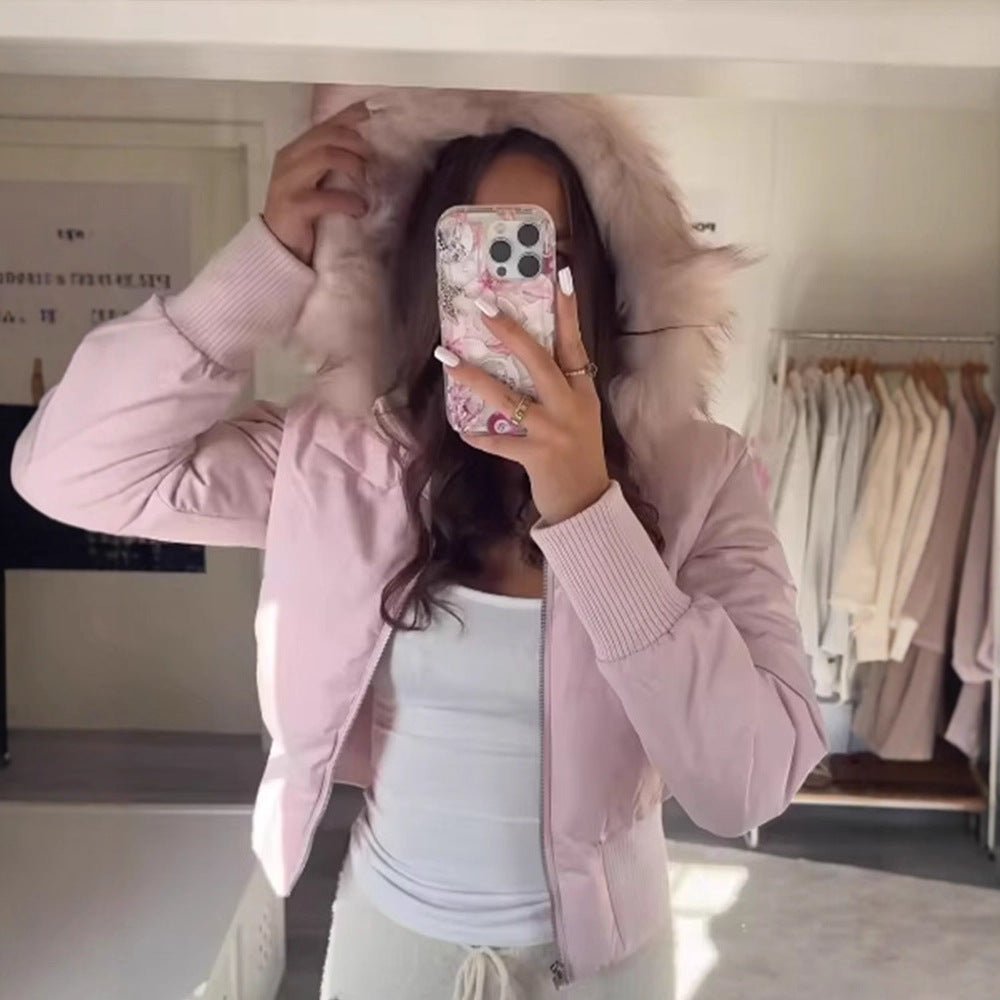 Ladies short quilted bomber style jacket with detachable faux fur hood Chichicherry - Chichicherry