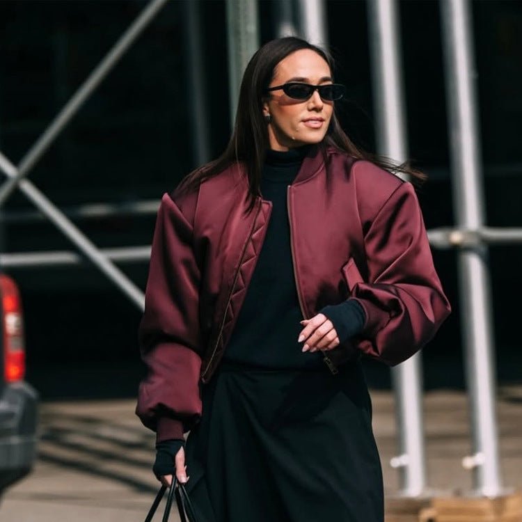 Ladies Short Satin Bomber with Boxy Silhouette, Flap Pockets and Elastic Cuff Chichicherry - Chichicherry