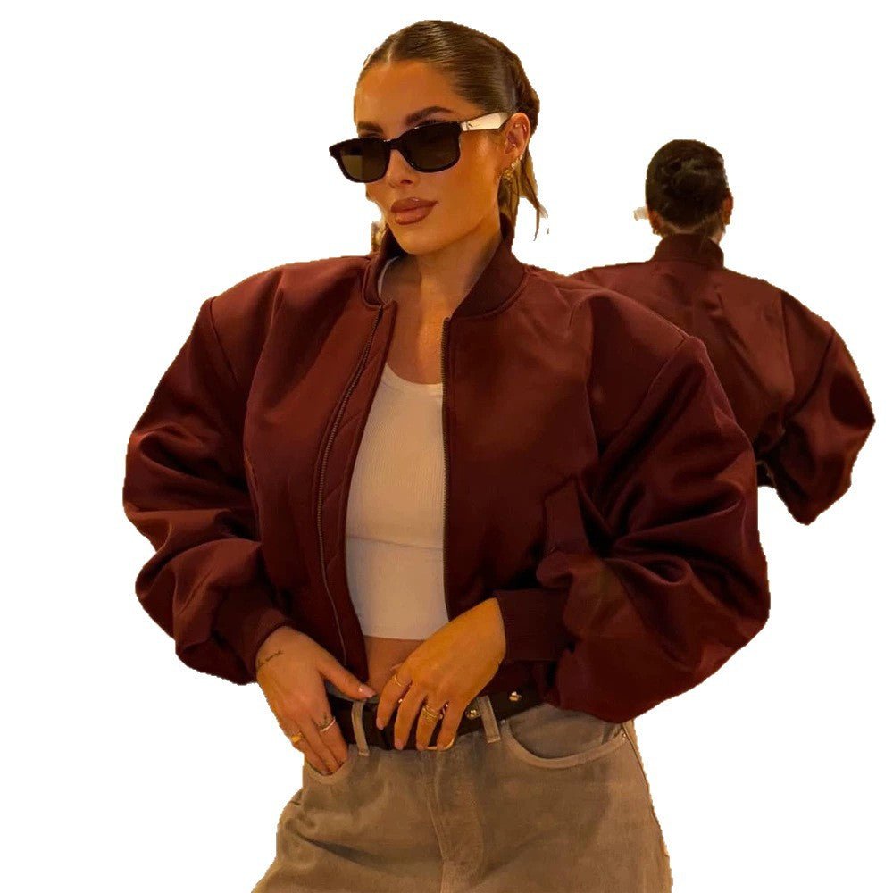 Ladies Short Satin Bomber with Boxy Silhouette, Flap Pockets and Elastic Cuff Chichicherry - Chichicherry