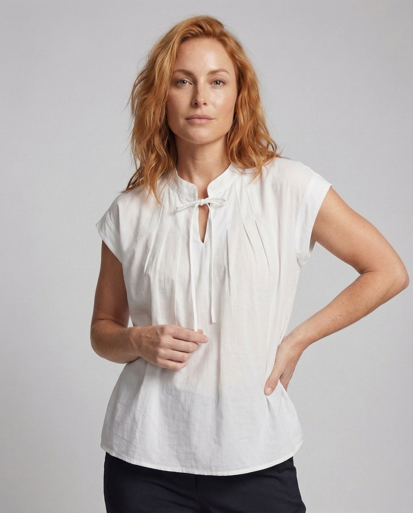 Ladies short sleeve blouse top with stand-up collar - Chichicherry