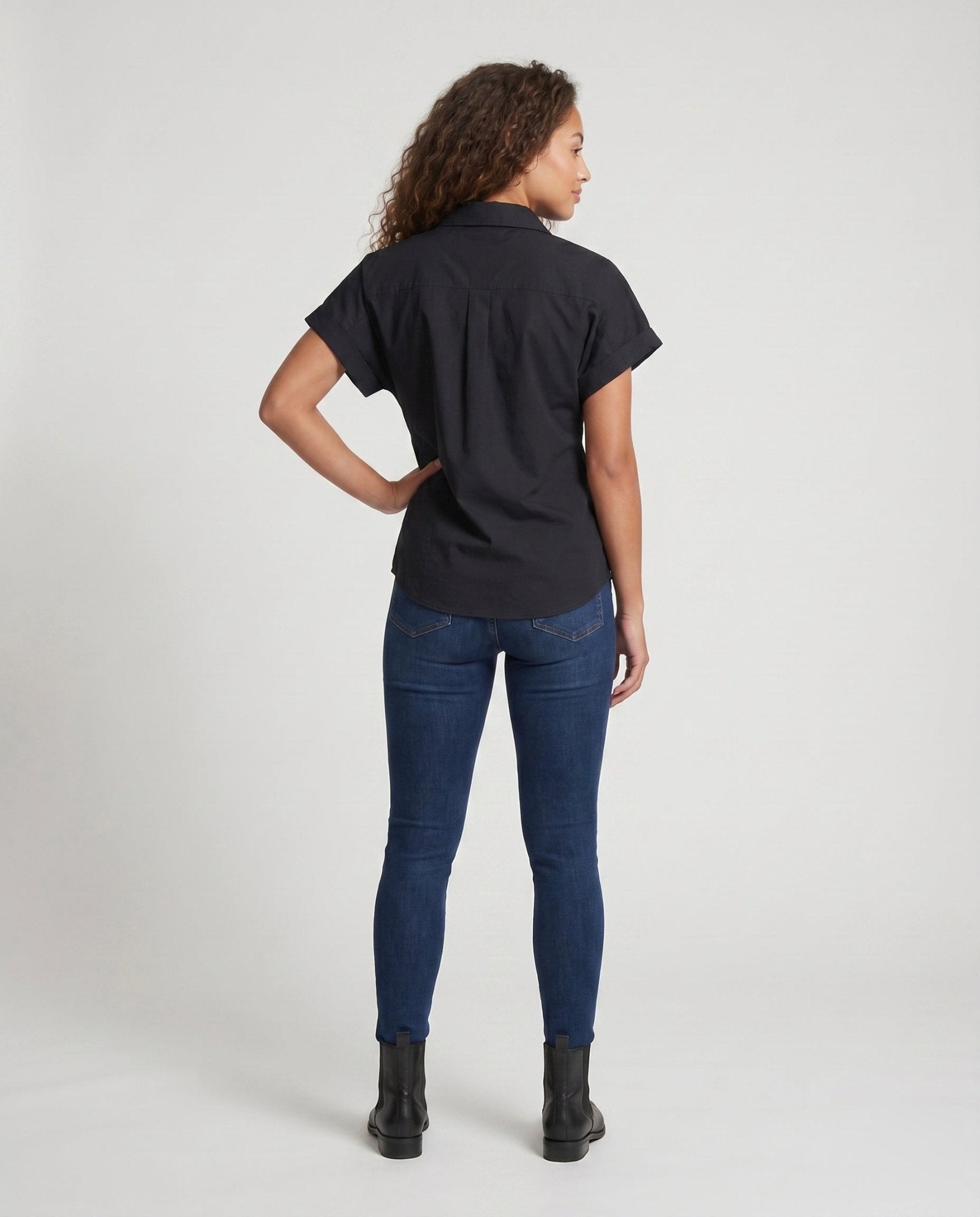 Ladies short sleeve blouse with elegant button placket and casual fit - Chichicherry