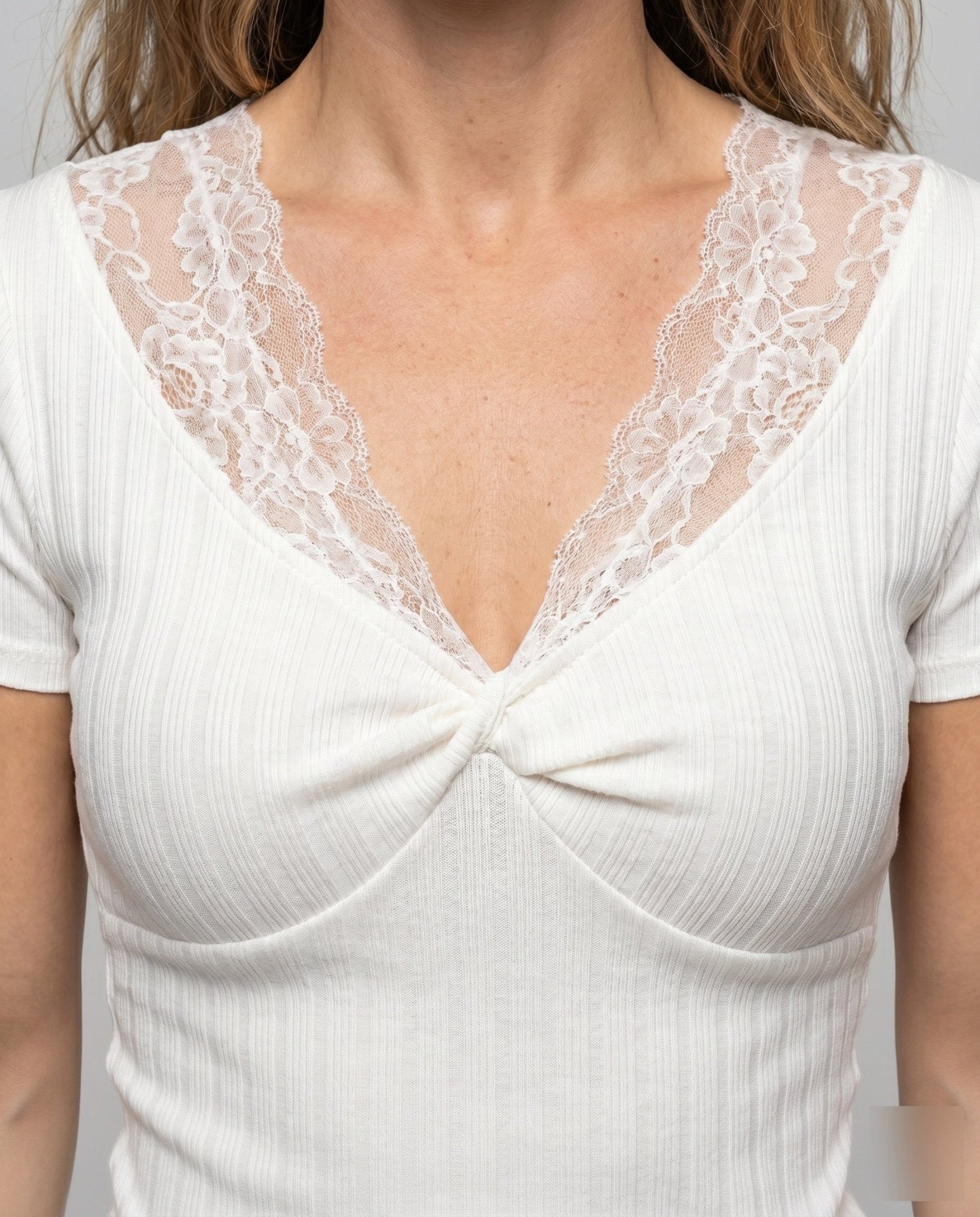 Ladies Short Sleeve Lace Top with Elegant V Neck - Chichicherry