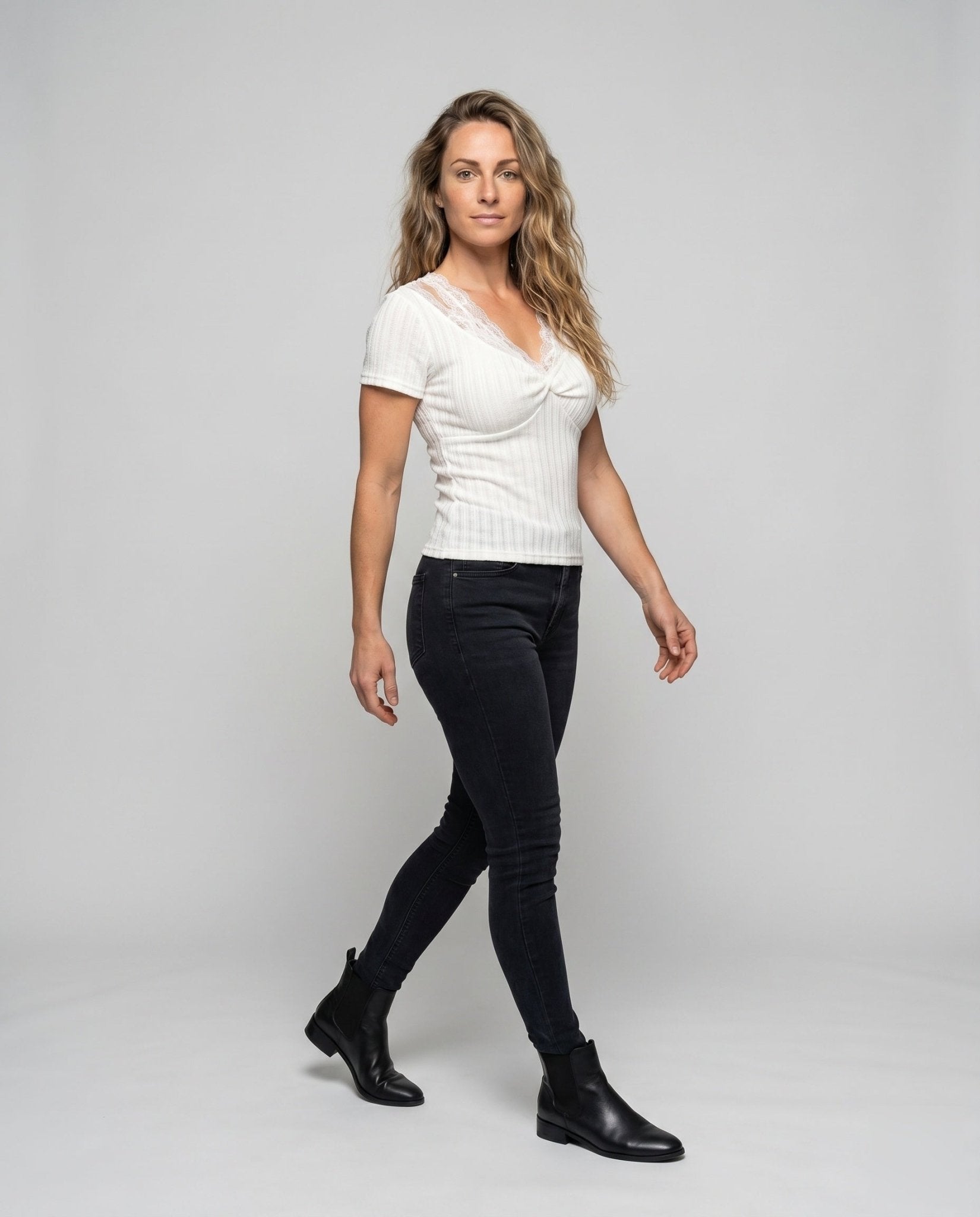 Ladies Short Sleeve Lace Top with Elegant V Neck - Chichicherry