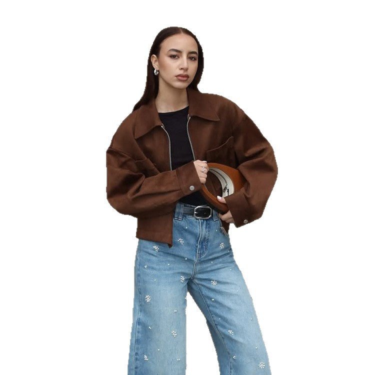 Ladies Short Suede Look Jacket with Zipper and Oversized Sleeves Chichicherry - Chichicherry