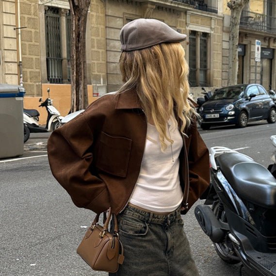 Ladies Short Suede Look Jacket with Zipper and Oversized Sleeves Chichicherry - Chichicherry