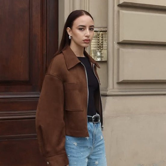 Ladies Short Suede Look Jacket with Zipper and Oversized Sleeves Chichicherry - Chichicherry