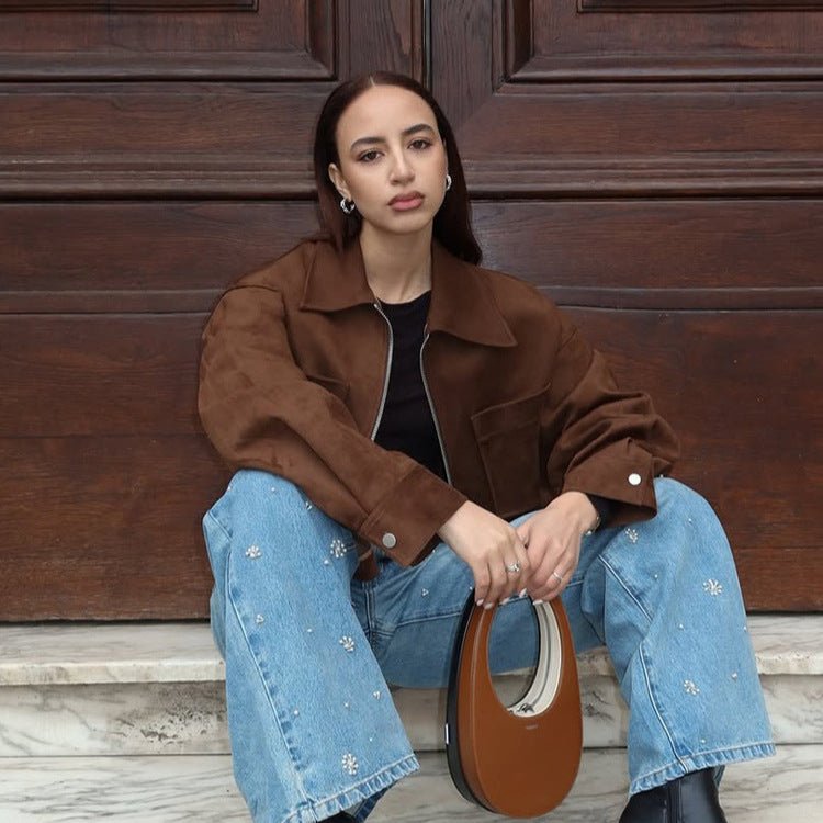 Ladies Short Suede Look Jacket with Zipper and Oversized Sleeves Chichicherry - Chichicherry