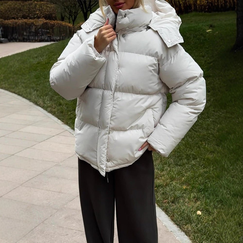 Ladies Short Windproof Quilted Puffer Jacket with Removable Hood and High Stand Collar Chichicherry - Chichicherry