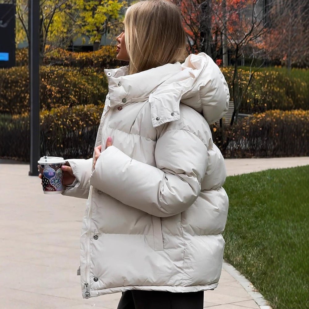 Ladies Short Windproof Quilted Puffer Jacket with Removable Hood and High Stand Collar Chichicherry - Chichicherry