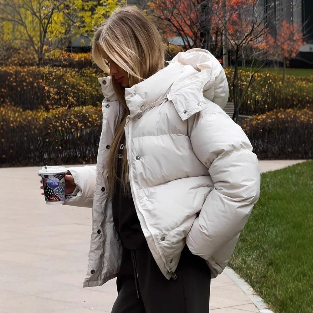 Ladies Short Windproof Quilted Puffer Jacket with Removable Hood and High Stand Collar Chichicherry - Chichicherry