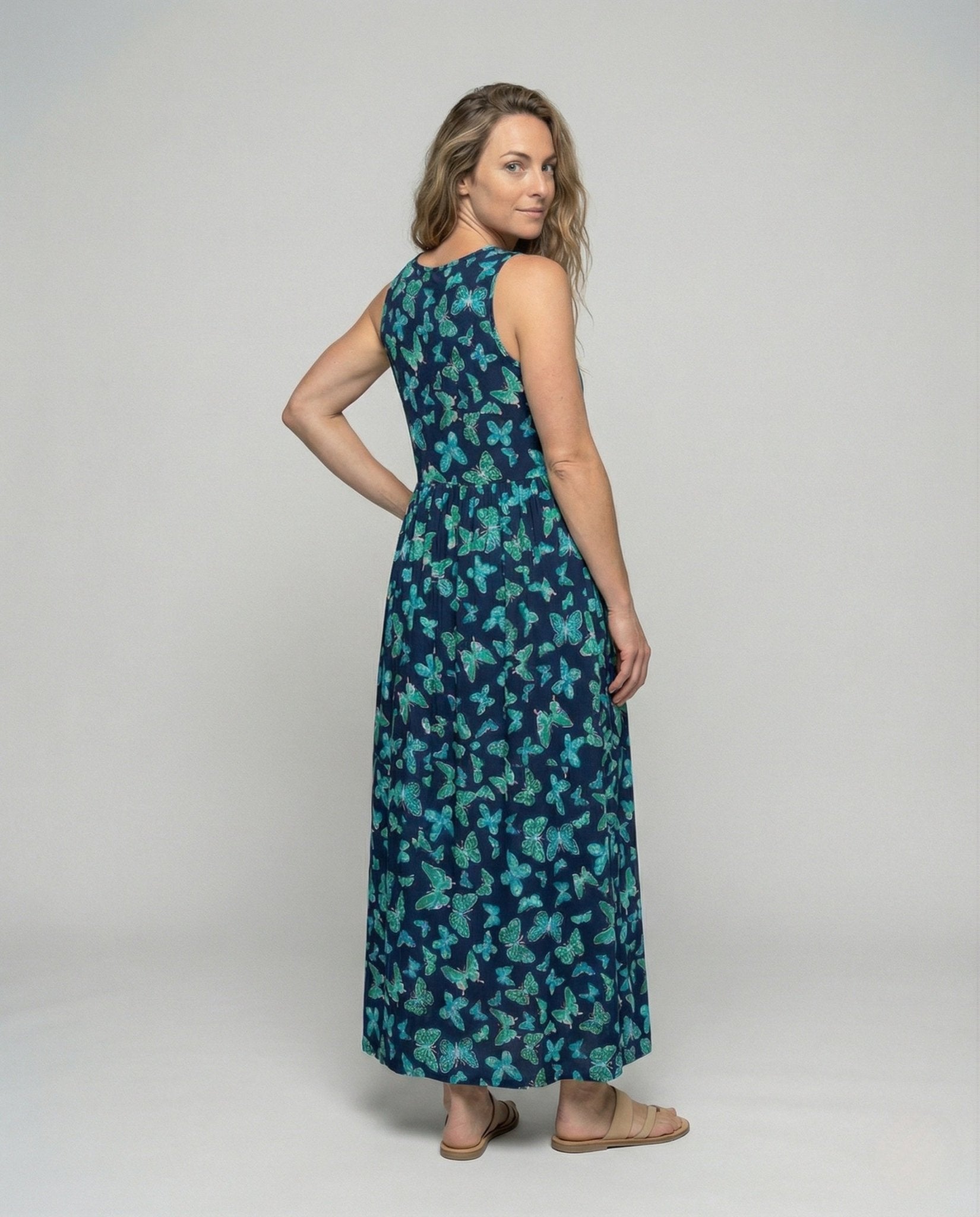 Ladies Sleeveless Maxi Dress with Butterfly Print - Chichicherry