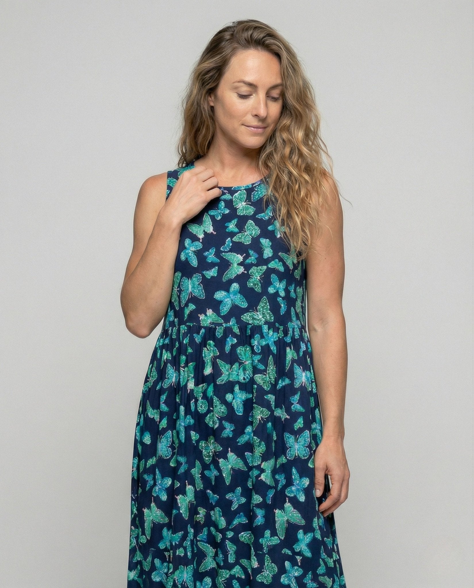 Ladies Sleeveless Maxi Dress with Butterfly Print - Chichicherry