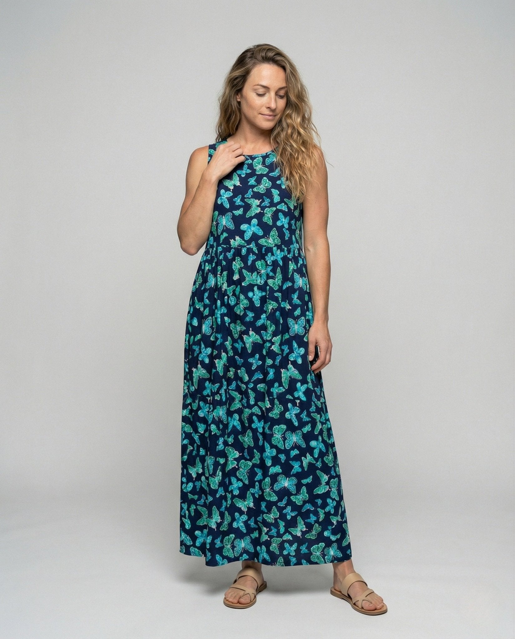 Ladies Sleeveless Maxi Dress with Butterfly Print - Chichicherry