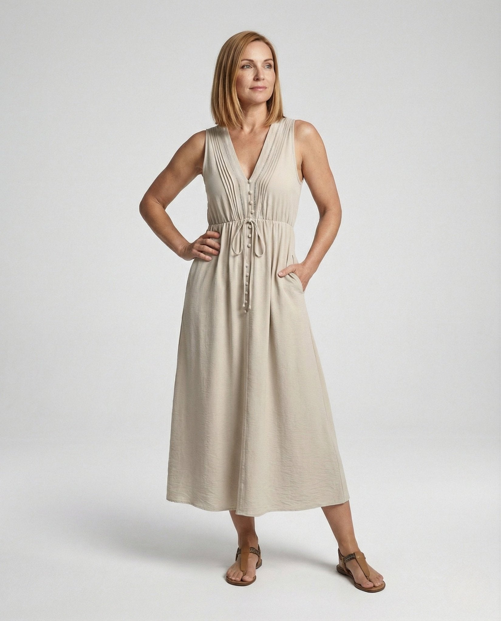 Ladies Sleeveless Maxi Dress with Ties and Decorative Buttons - Chichicherry