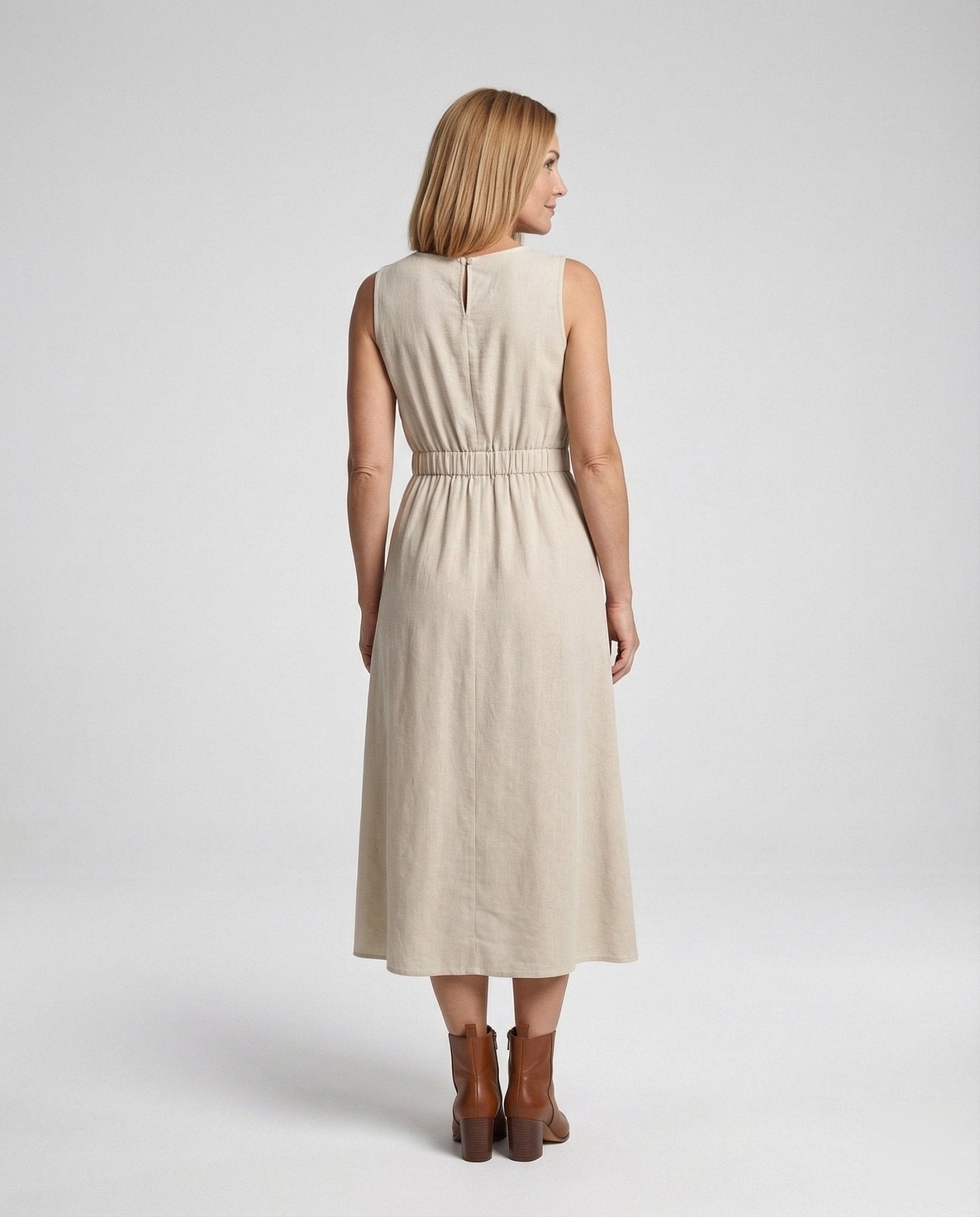 Ladies Sleeveless Maxi Dress with Ties and Decorative Buttons - Chichicherry