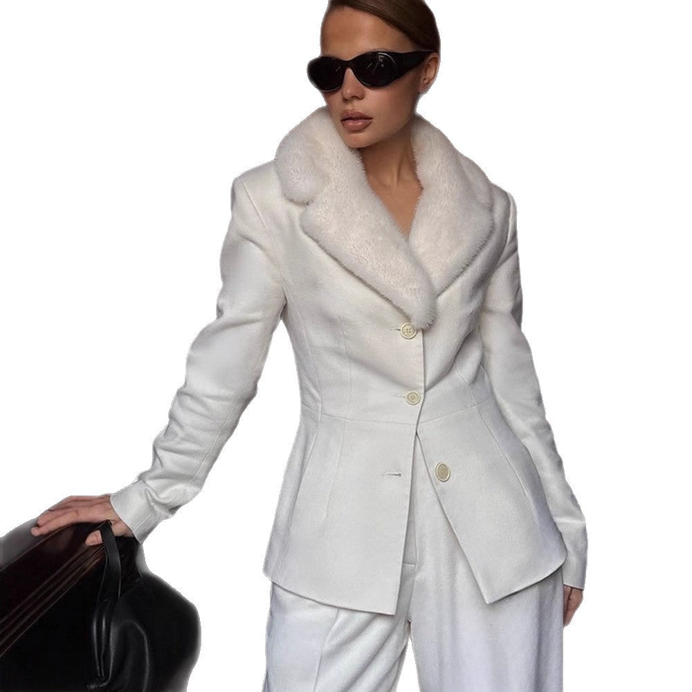 Ladies Tailored Blazer with Faux Fur Shawl Collar & Wide Pleated Trousers Chichicherry - Chichicherry