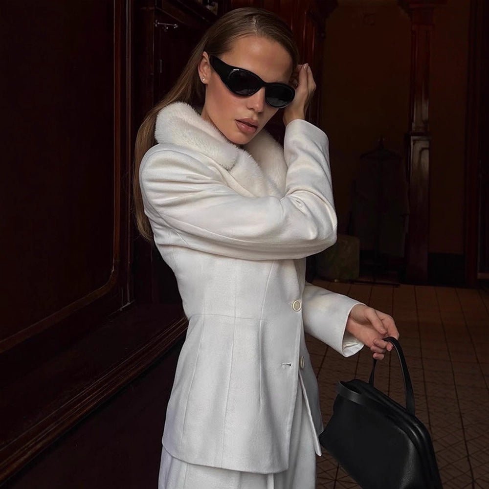 Ladies Tailored Blazer with Faux Fur Shawl Collar & Wide Pleated Trousers Chichicherry - Chichicherry
