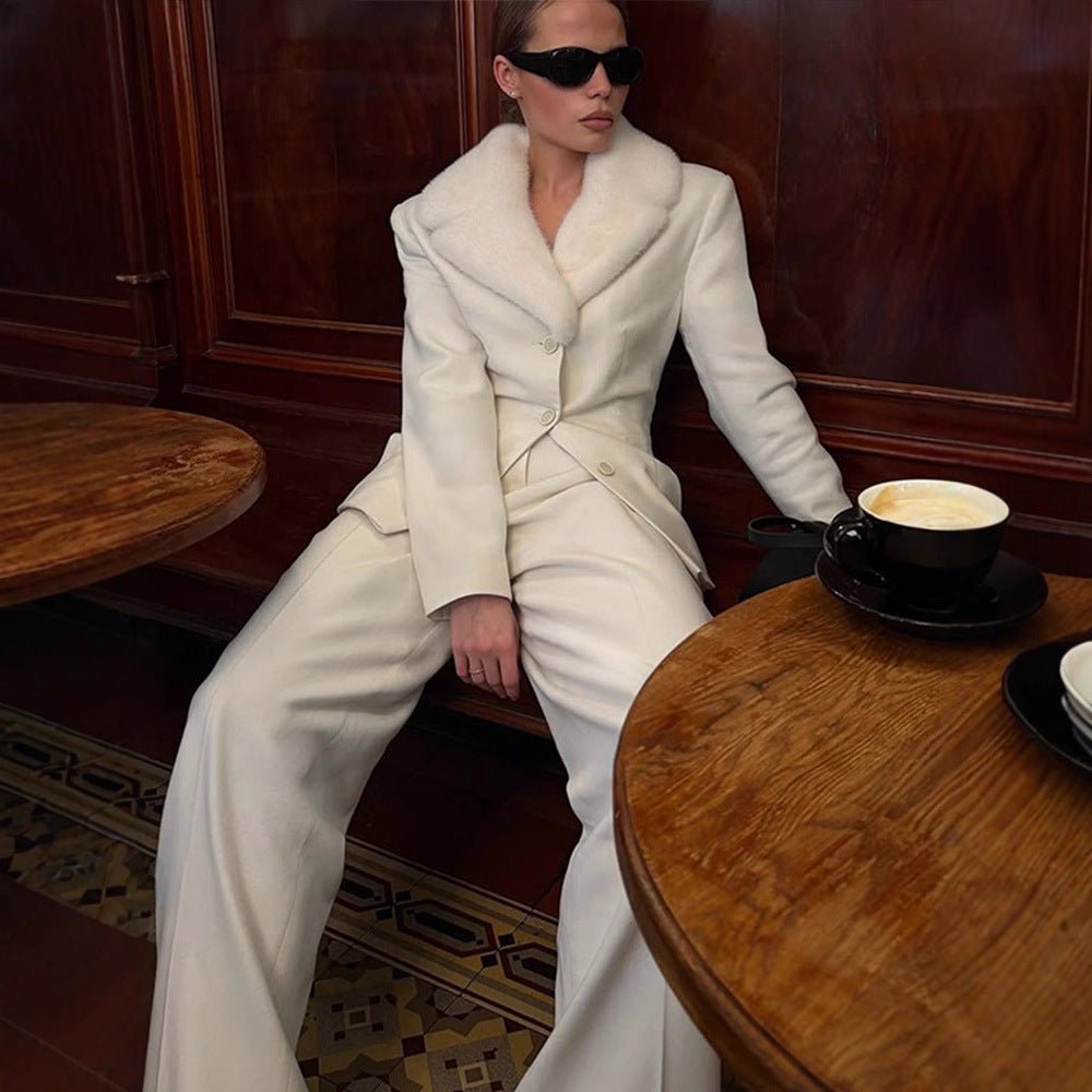 Ladies Tailored Blazer with Faux Fur Shawl Collar & Wide Pleated Trousers Chichicherry - Chichicherry