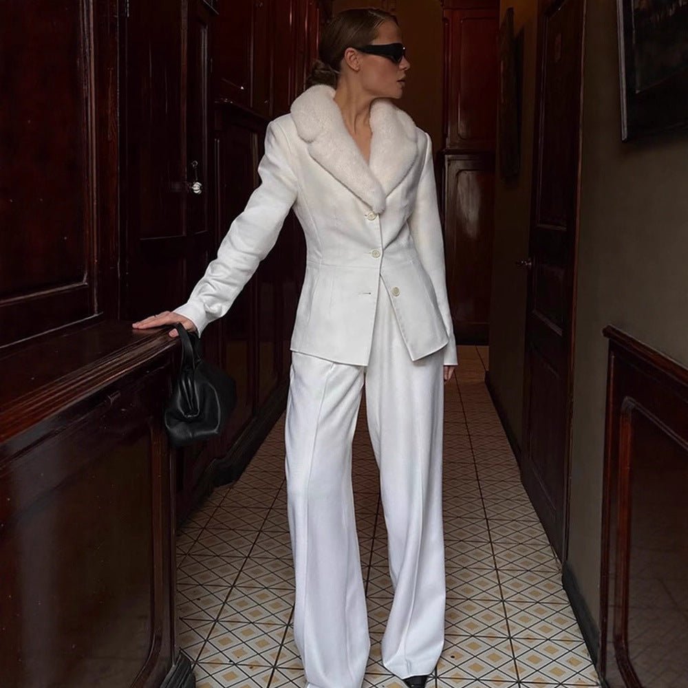 Ladies Tailored Blazer with Faux Fur Shawl Collar & Wide Pleated Trousers Chichicherry - Chichicherry