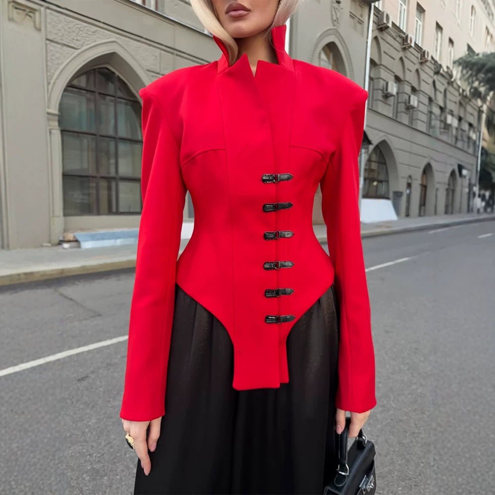 Ladies Tailored Stand Collar Blazer with Corset Tailoring Chichicherry - Chichicherry