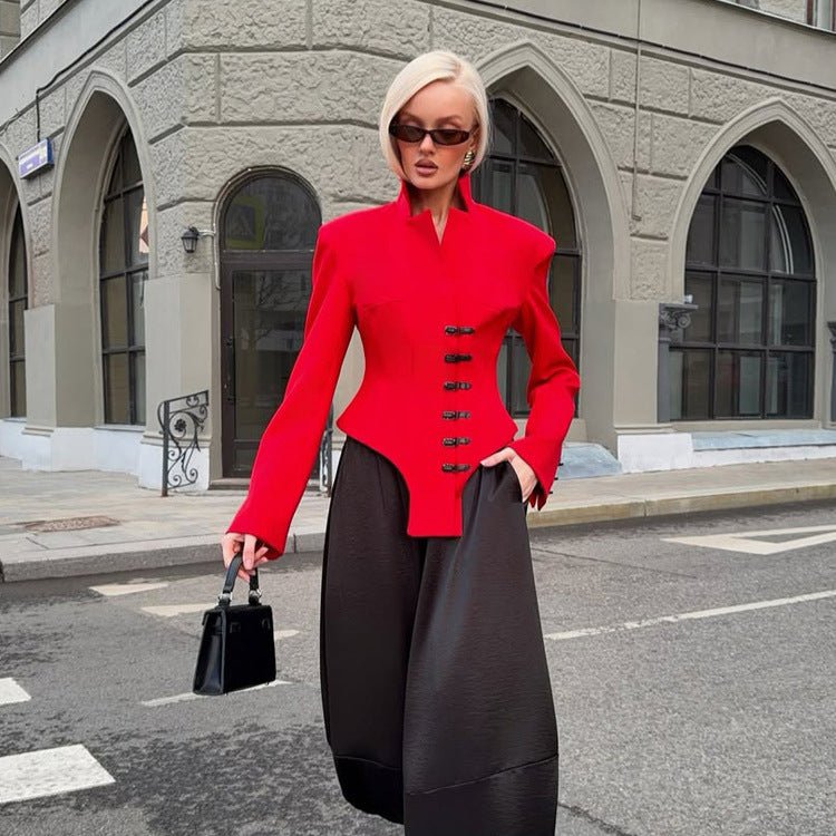 Ladies Tailored Stand Collar Blazer with Corset Tailoring Chichicherry - Chichicherry