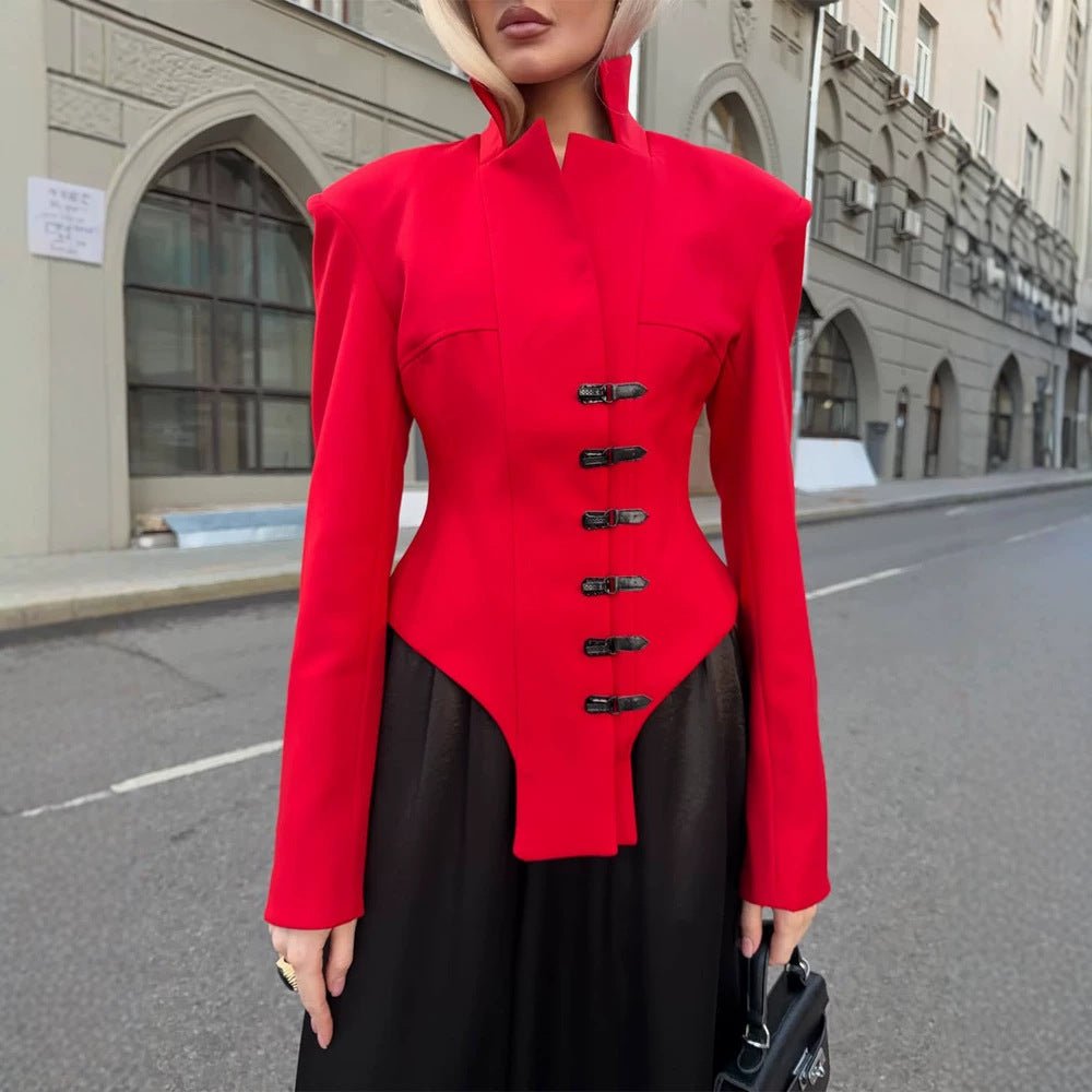 Ladies Tailored Stand Collar Blazer with Corset Tailoring Chichicherry - Chichicherry