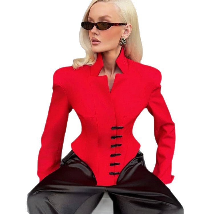 Ladies Tailored Stand Collar Blazer with Corset Tailoring Chichicherry - Chichicherry