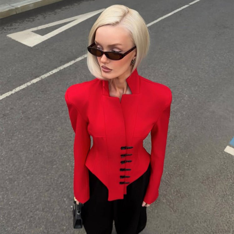 Ladies Tailored Stand Collar Blazer with Corset Tailoring Chichicherry - Chichicherry