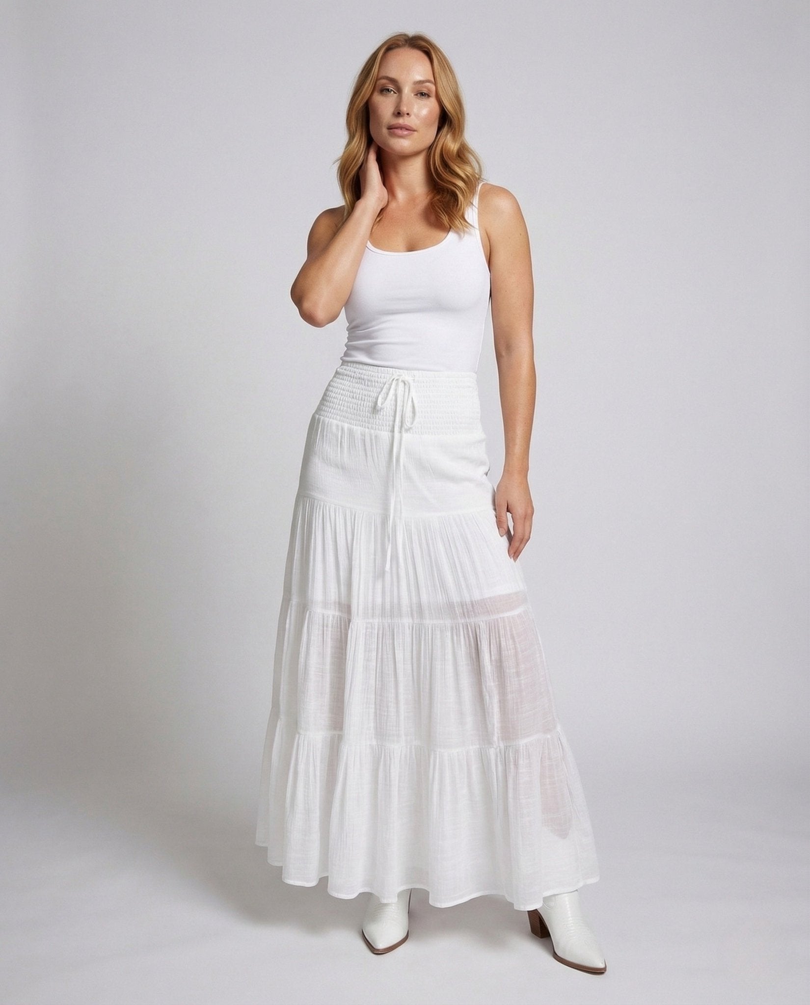 Ladies tiered skirt smocked waistband crinkle look - Chichicherry