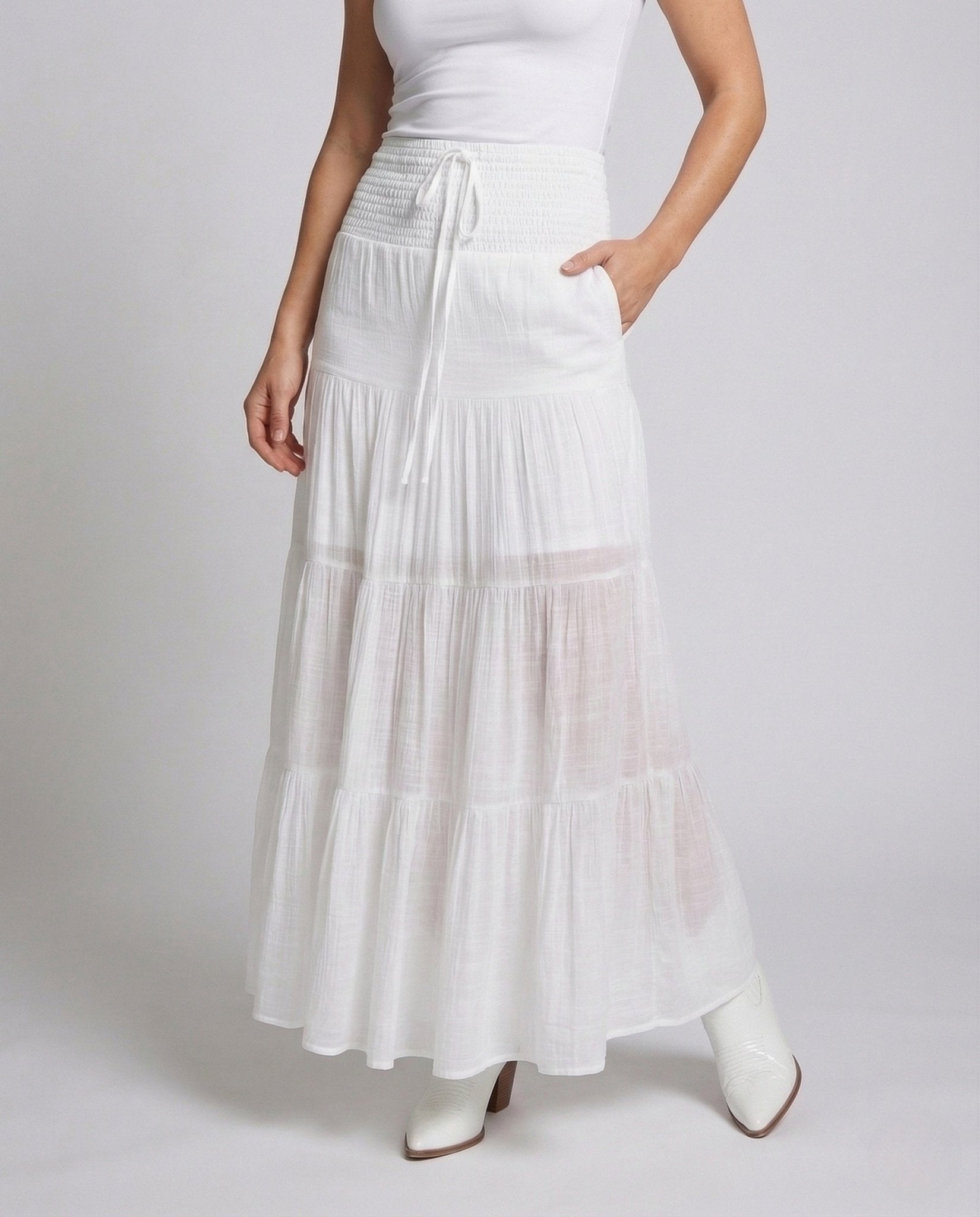Ladies tiered skirt smocked waistband crinkle look - Chichicherry