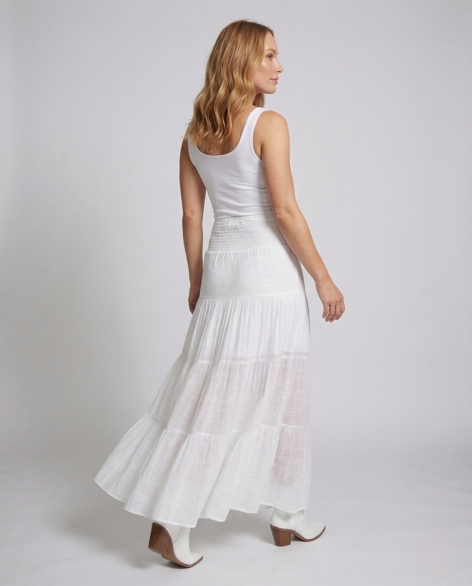 Ladies tiered skirt smocked waistband crinkle look - Chichicherry