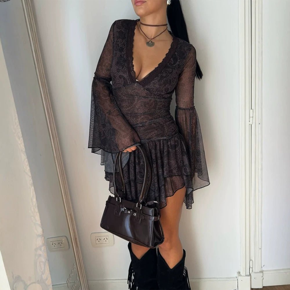 Ladies Transparent Lace Mini Dress with Deep V-Neck, Ruffled Skirt & Bell Sleeves Chichicherry - Chichicherry