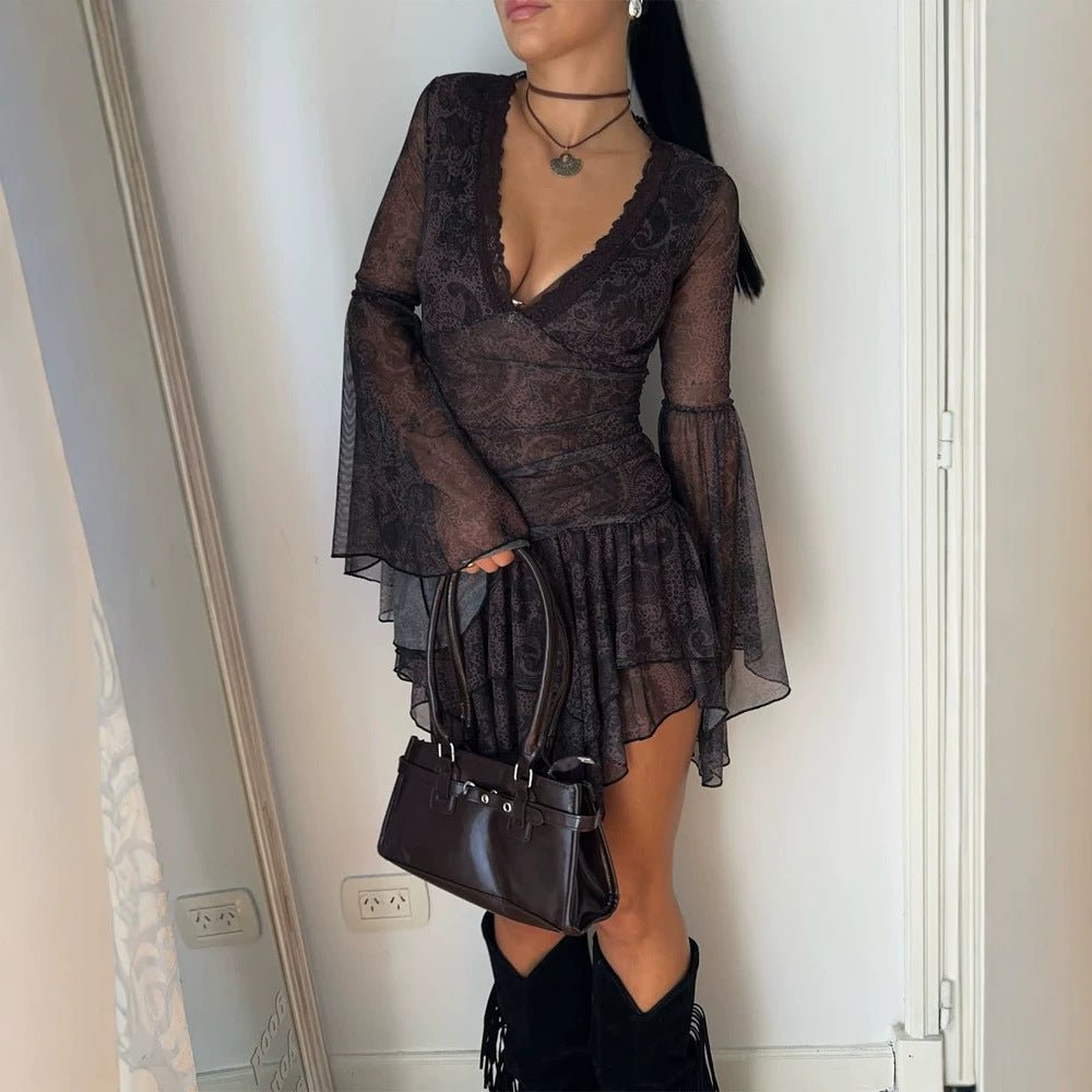 Ladies Transparent Lace Mini Dress with Deep V-Neck, Ruffled Skirt & Bell Sleeves Chichicherry - Chichicherry