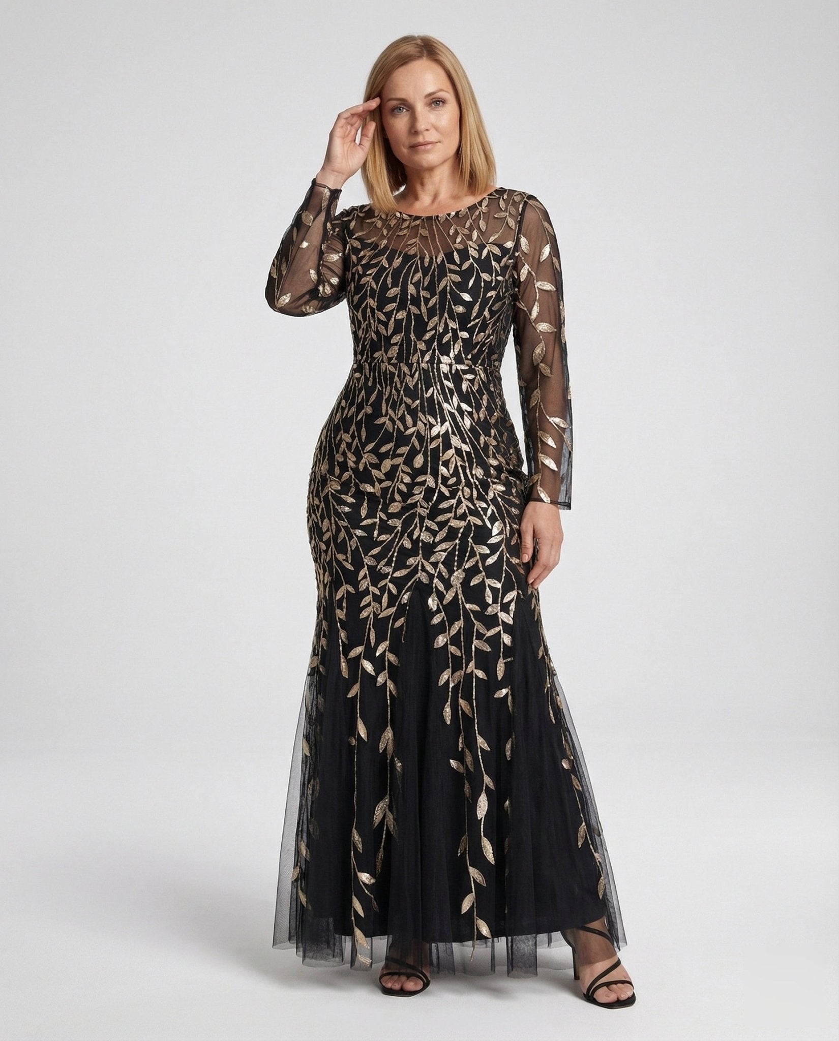 Ladies tulle evening dress with leaf embroidery and mermaid silhouette - Chichicherry