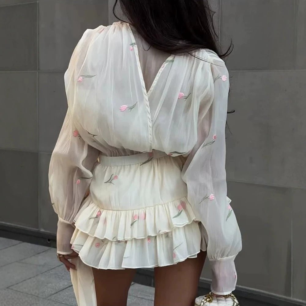 Ladies Two-Piece Chiffon Set with Embroidered Sheer Blouse and Ruffled Mini Skirt Chichicherry - Chichicherry