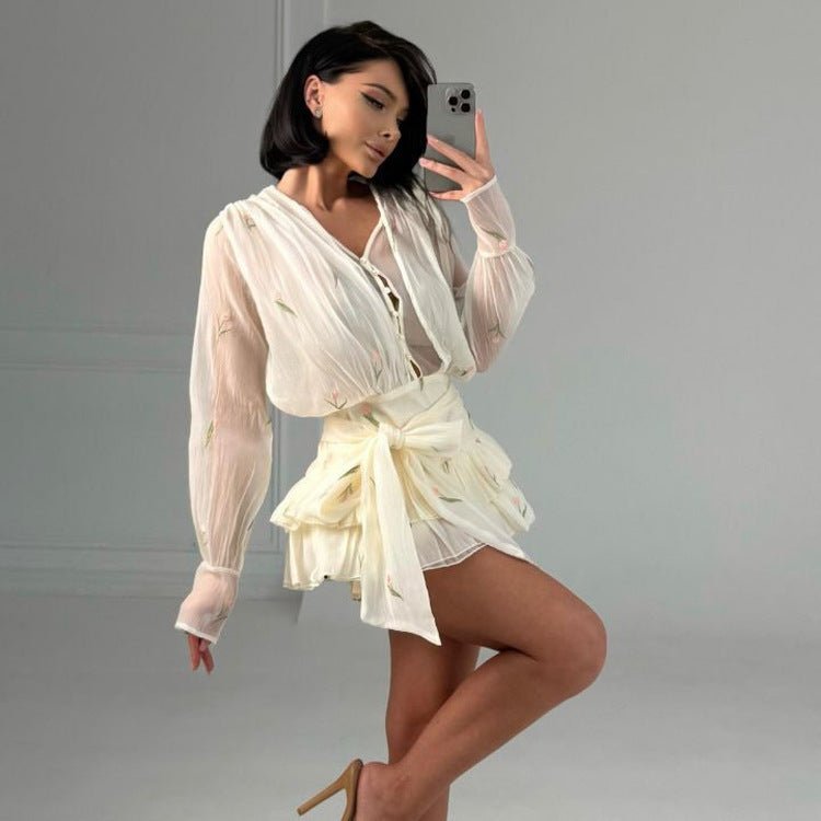 Ladies Two-Piece Chiffon Set with Embroidered Sheer Blouse and Ruffled Mini Skirt Chichicherry - Chichicherry