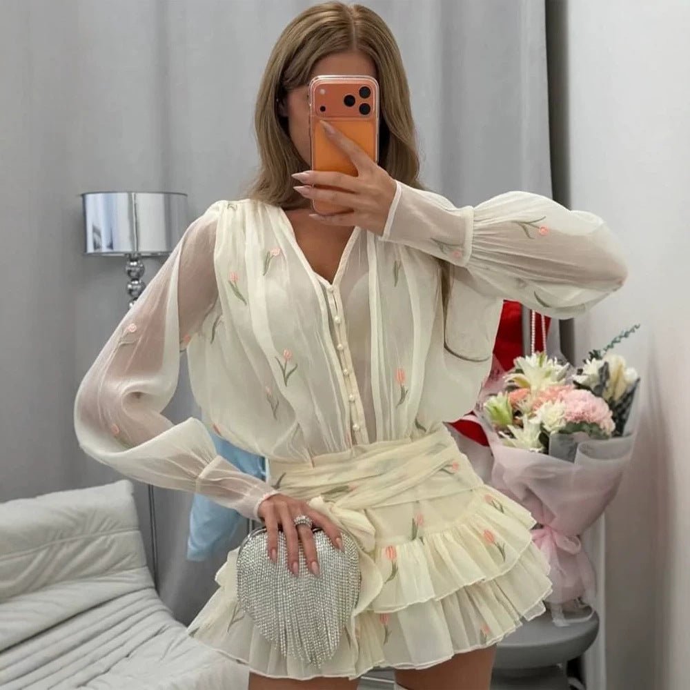 Ladies Two-Piece Chiffon Set with Embroidered Sheer Blouse and Ruffled Mini Skirt Chichicherry - Chichicherry