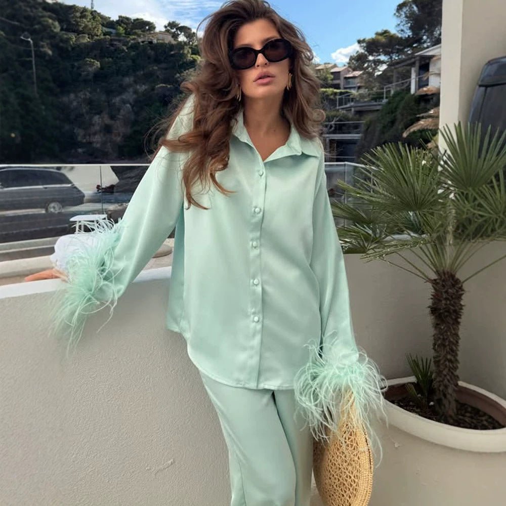 Ladies two-piece satin set with feather trim at the cuffs Chichicherry - Chichicherry