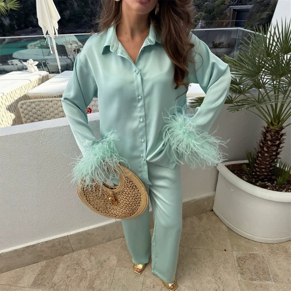 Ladies two-piece satin set with feather trim at the cuffs Chichicherry - Chichicherry