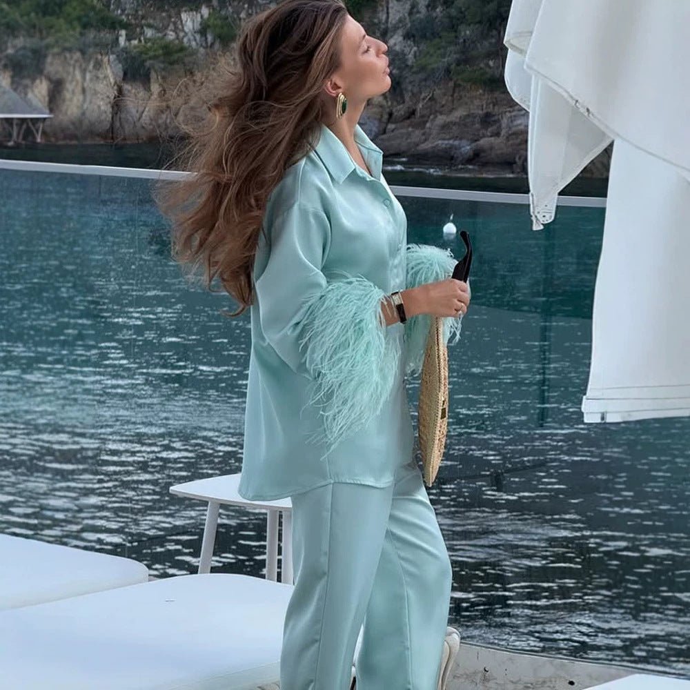 Ladies two-piece satin set with feather trim at the cuffs Chichicherry - Chichicherry