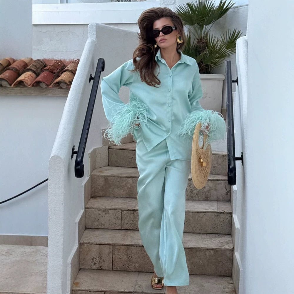 Ladies two-piece satin set with feather trim at the cuffs Chichicherry - Chichicherry