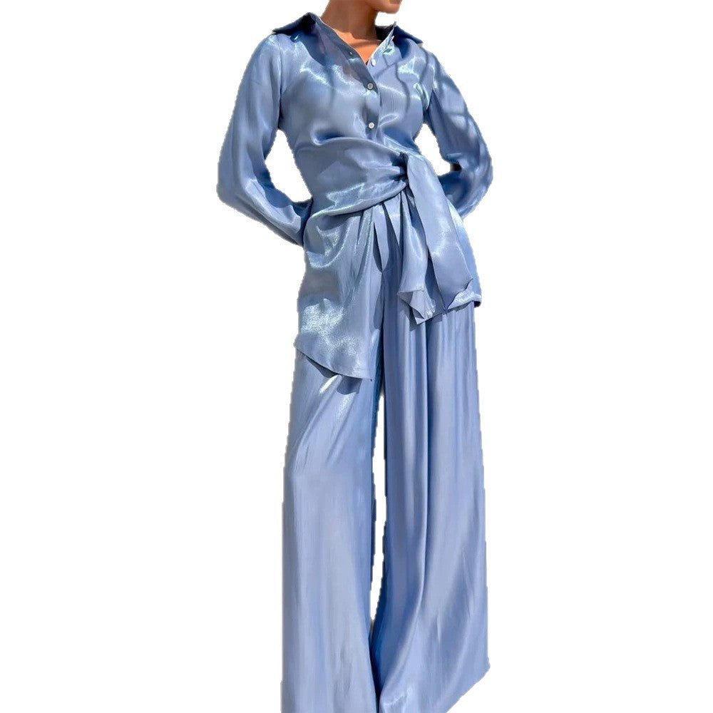 Ladies Two-Piece Silky Shirt and Palazzo Set with Wrap Waist Chichicherry - Chichicherry